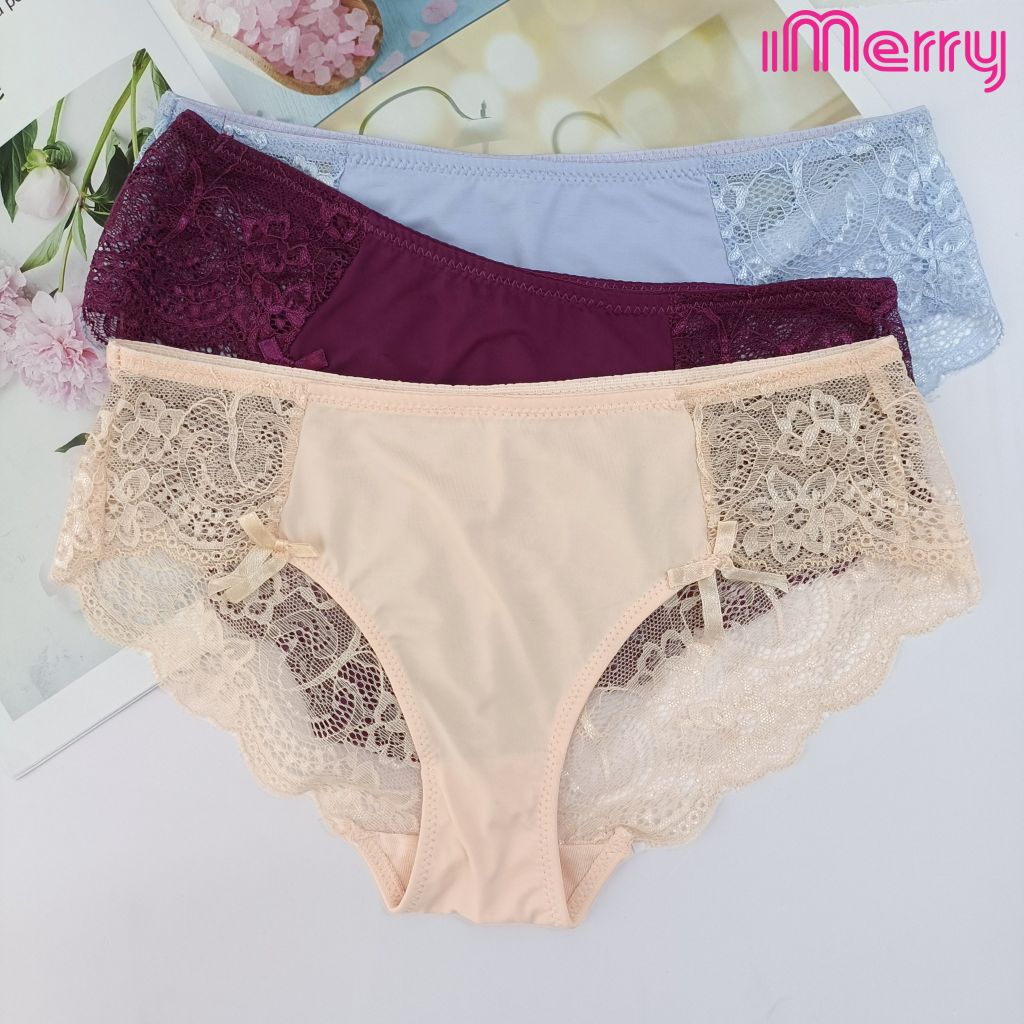 Combo 3 quần lót su ren nữ iMERRY kết hợp ren cao cấp đính nơ dáng bikini xẻ cao VQ046