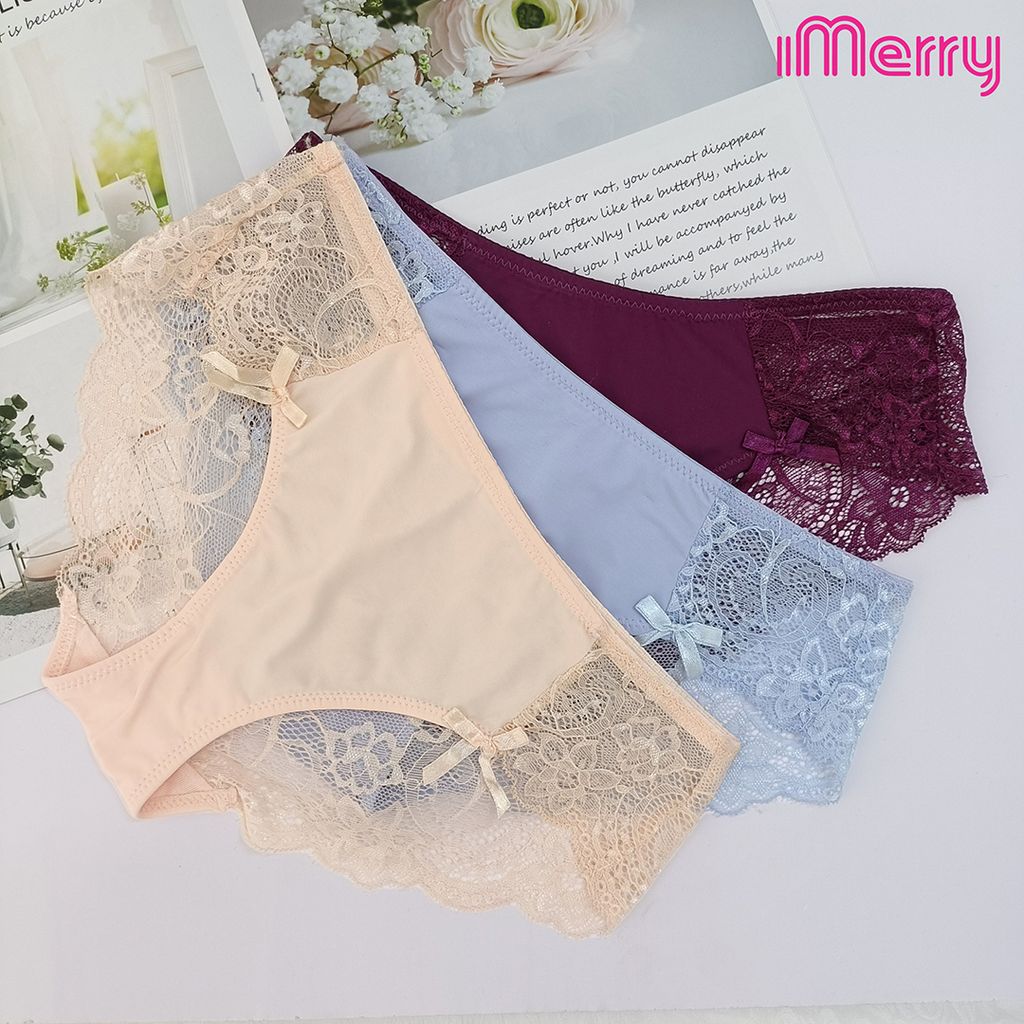 Combo 3 quần lót su ren nữ iMERRY kết hợp ren cao cấp đính nơ dáng bikini xẻ cao VQ046