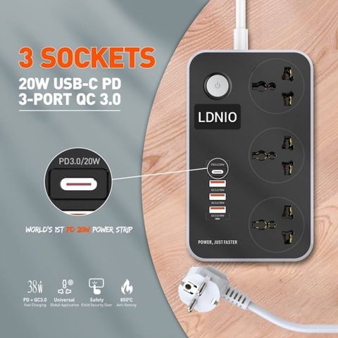  Ổ Điện LDNIO 3 Cổng + 3usb + 1TypeC 