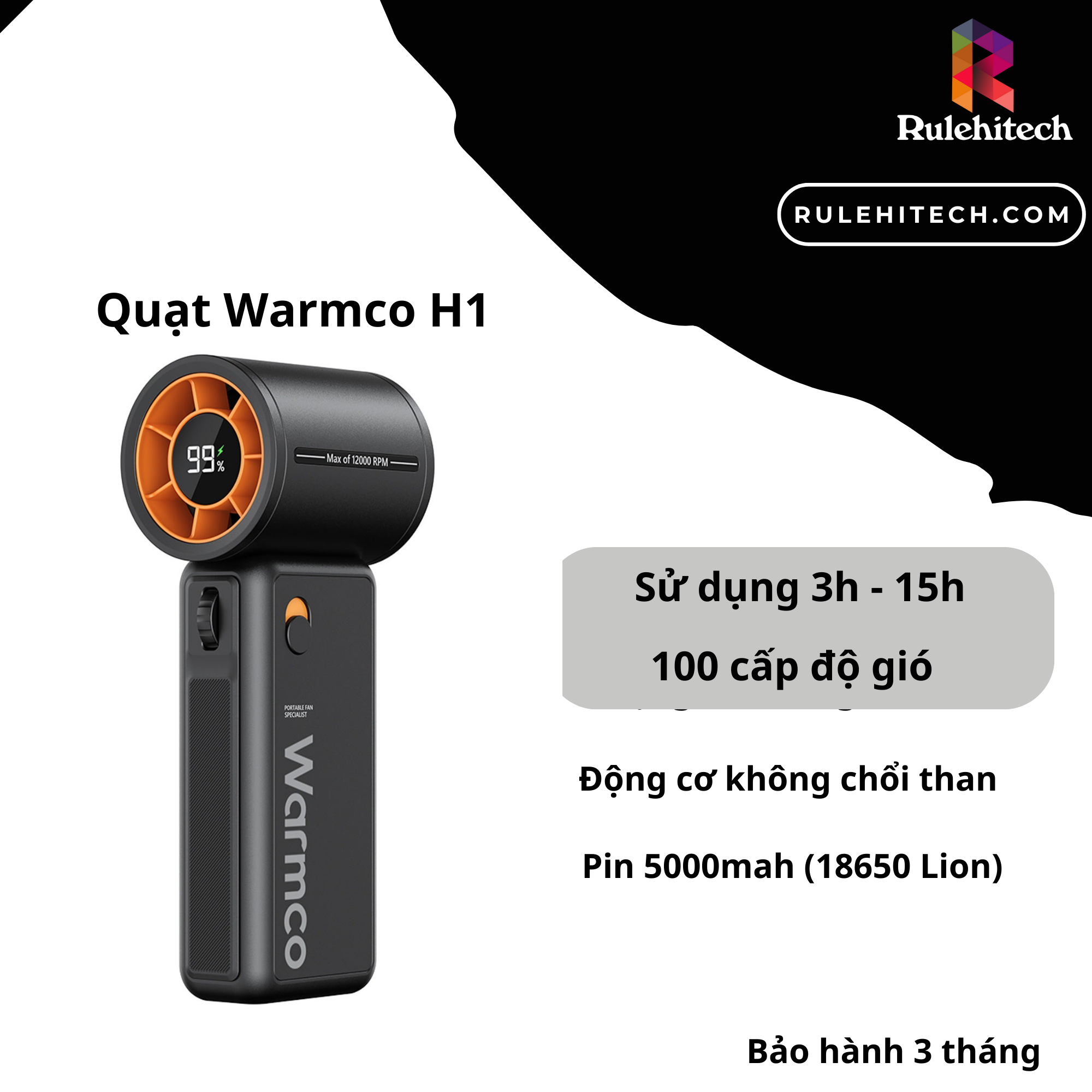 Quạt Turbo mini Warmco H1 (Pin 5000mah)- Đen