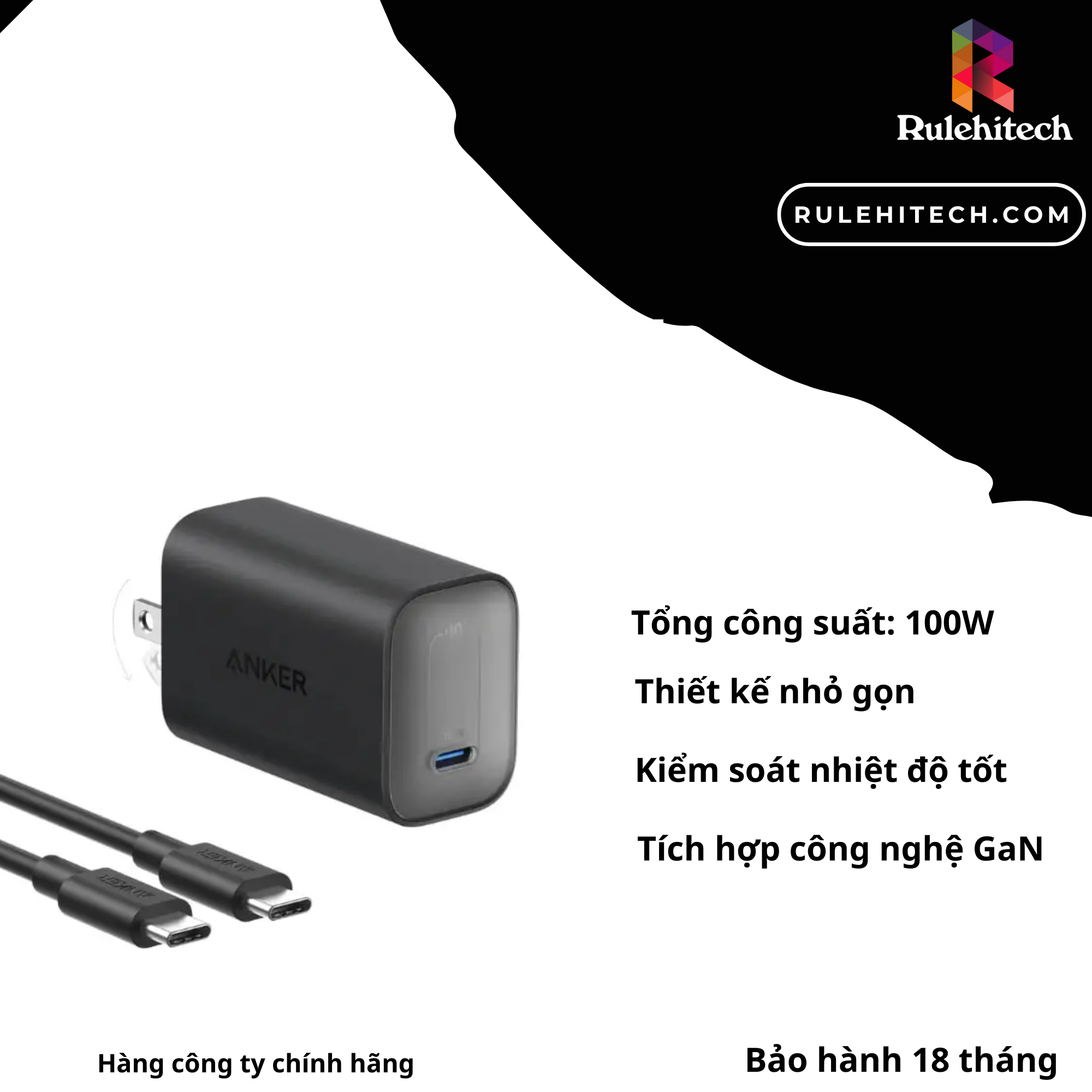 Sạc Anker Nano 1C 100W (Kèm cáp C)-Đen B2679