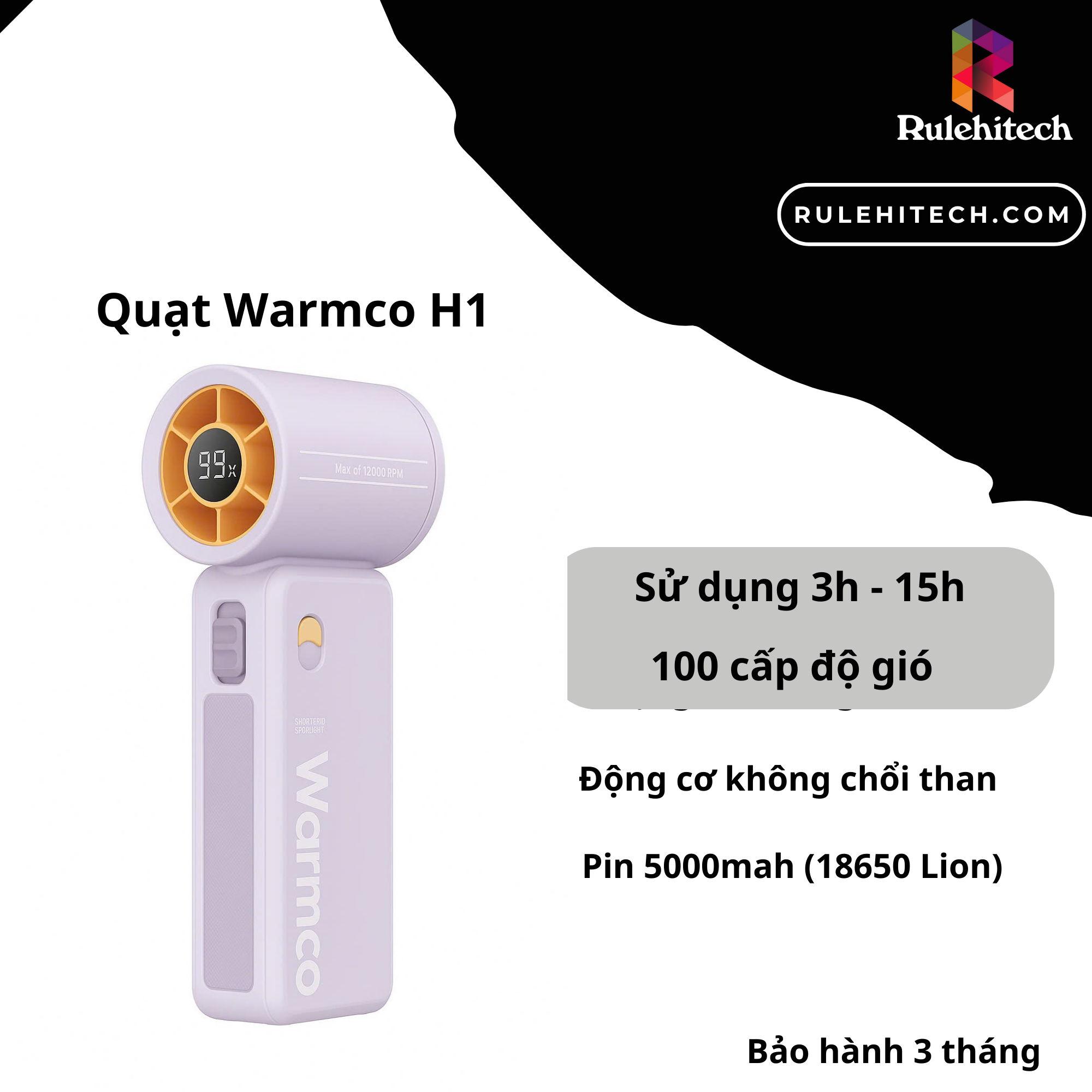 Quạt Turbo mini Warmco H1 (Pin 5000mah)-Tím