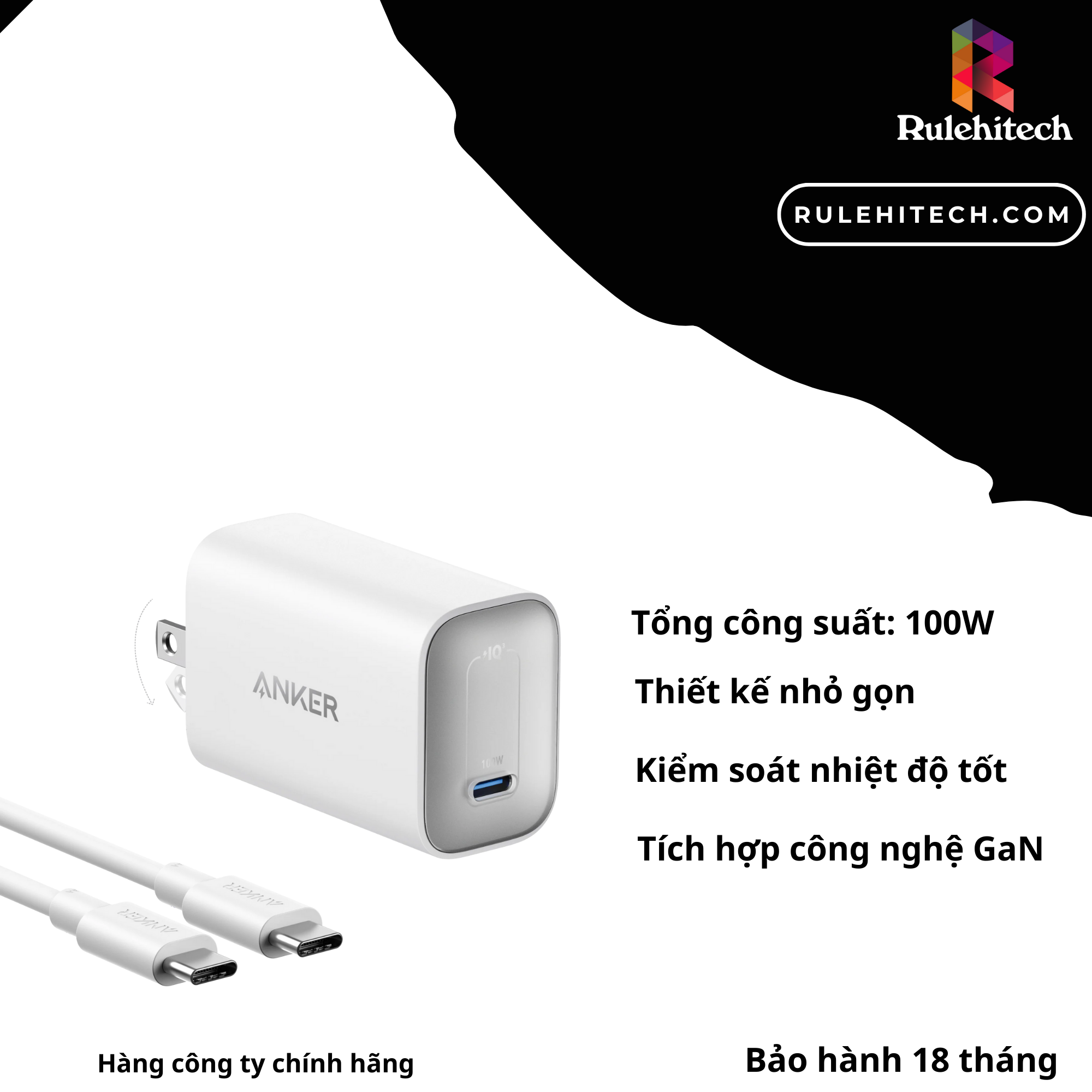 Sạc Anker Nano 1C 100W (Kèm cáp C)-Trắng B2679