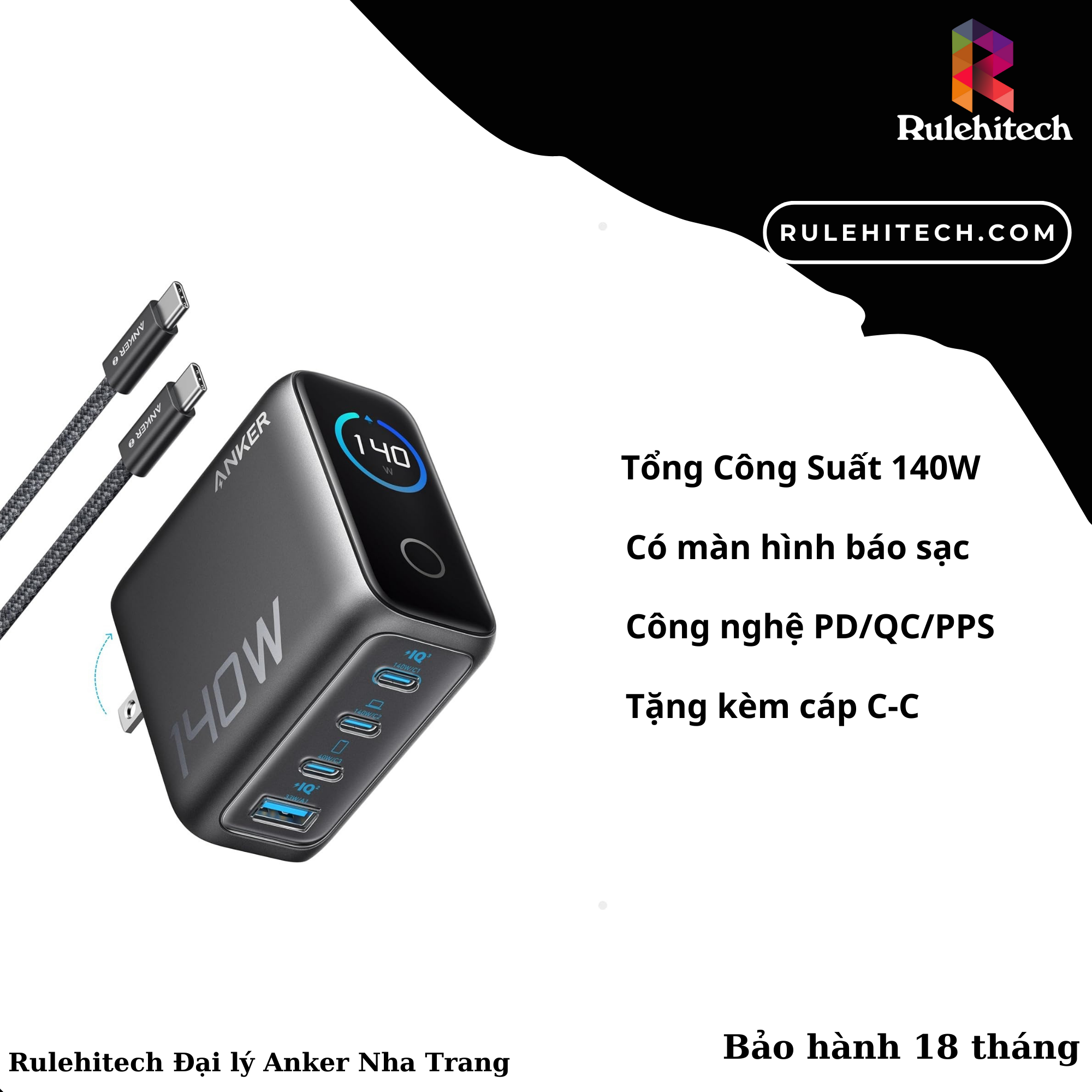 Sạc Anker Zolo 140W 3C 1A (Kèm Cáp C)-Đen B2697