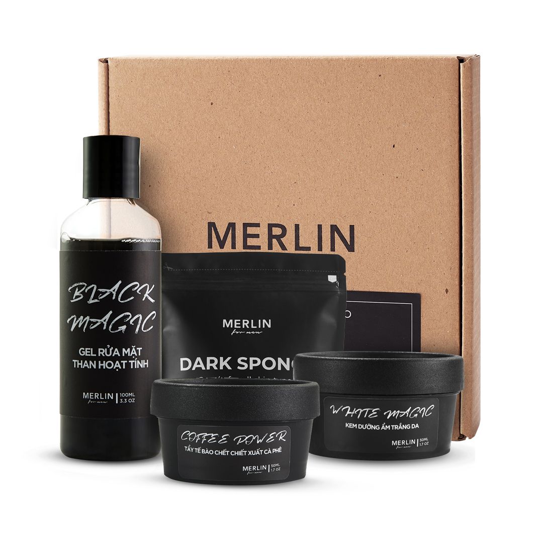  Combo dưỡng da sáng mịn Merlin For Men - Gel rửa mặt than hoạt tính, Tẩy tế bào chết chiết xuất cà phê và Kem dưỡng ẩm trắng da 