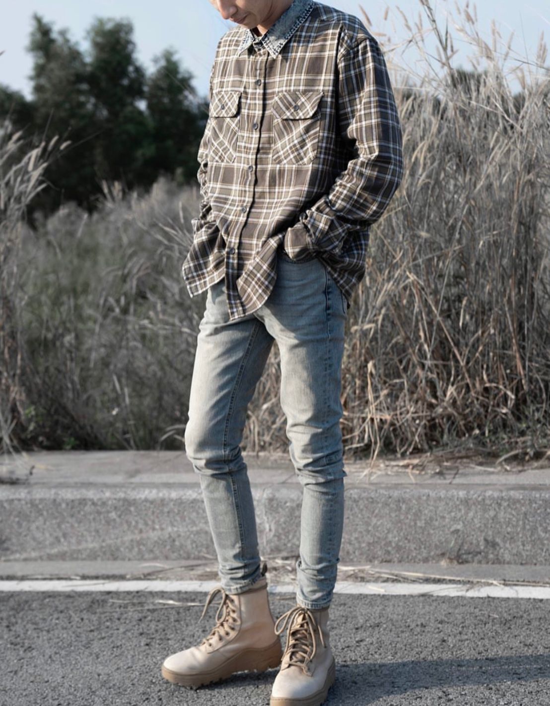 DENIM COLLAR FLANNEL - OLIVE HAZE