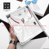 Áo Thun Nam Polo Trắng Đen BURBERRY VIỀN ĐỎ LONDON ENGLAND Vải Dệt Kim Cao Cấp Sang Trọng