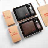 Set Ví (Bóp) Da Bò ' Logo Đỏ + Móc khóa Da dây trơn 2 Màu Nâu Và Đen Hàng FullBox Túi Giấy Quà Tặng Cực Sang