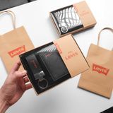 Set Ví (Bóp) Da Bò ' Logo Đỏ + Móc khóa Da dây trơn 2 Màu Nâu Và Đen Hàng FullBox Túi Giấy Quà Tặng Cực Sang