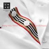 Áo Thun Nam Polo Trắng Đen BURBERRY VIỀN ĐỎ LONDON ENGLAND Vải Dệt Kim Cao Cấp Sang Trọng