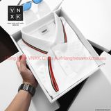 Áo Thun Nam Polo Thêu Sau Cổ BURBERRY VIỀN ĐỎ LONDON ENGLAND Vải Dệt Kim Cao Cấp Sang Trọng