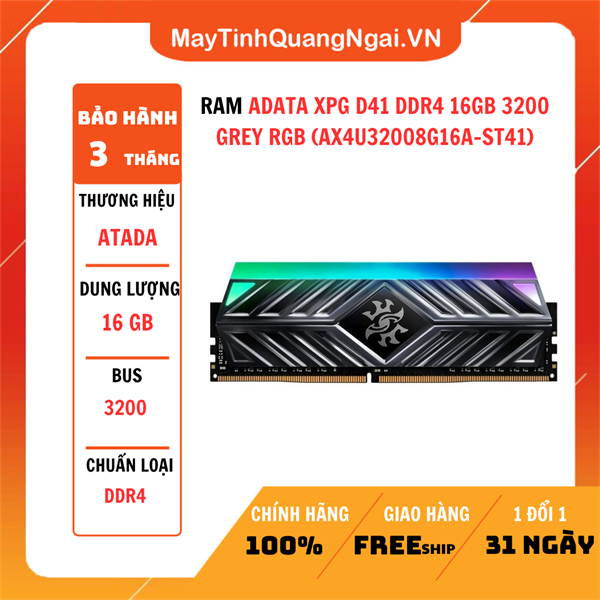 RAM ADATA XPG D41 DDR4 16GB 3200 GREY RGB (AX4U32008G16A-ST41)
