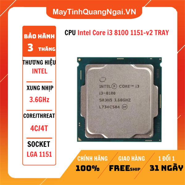 CPU Intel Core i3 8100 (3.60GHz, 6M, 4 Cores 4 Threads) 1151-v2 TRAY