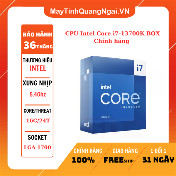 CPU Intel Core i7-13700K BOX Chính hãng (Up To 5.40GHz, 16 Nhân 24 Luồng, 30M Cache, Raptor Lake)