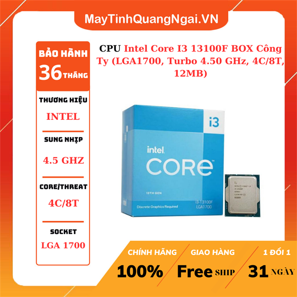 CPU Intel Core I3 13100F BOX Công Ty (LGA1700, Turbo 4.50 GHz, 4C/8T, 12MB)