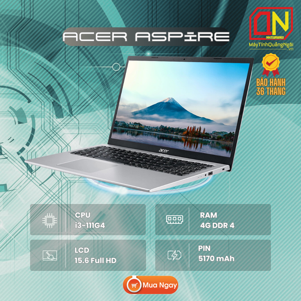LAPTOP ACER Aspire 5 A515 (i3 1115G4/4GB RAM/128GB SSD/ 15.6 inchFHD/Win10/Vỏ Nhôm/Bạc)