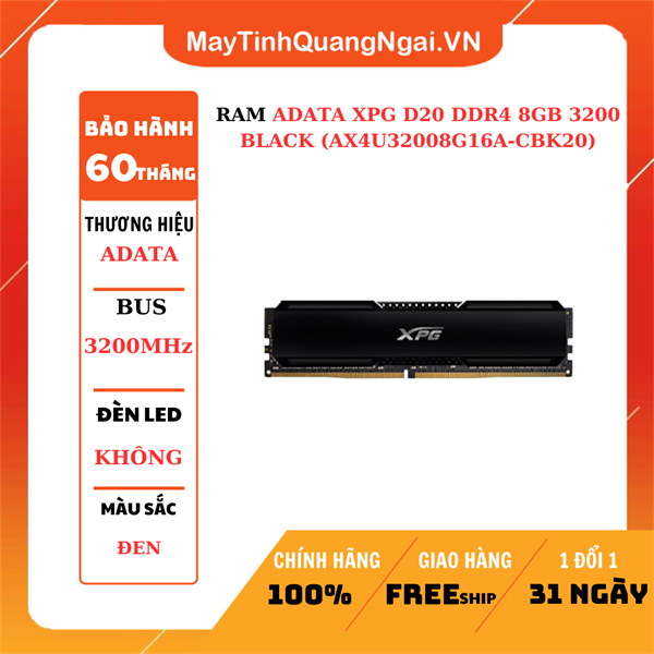 RAM ADATA XPG D20 DDR4 8GB 3200 BLACK (AX4U32008G16A-CBK20)