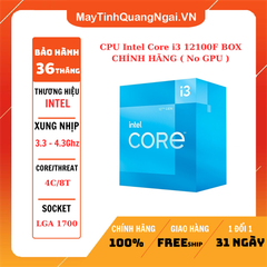 CPU Intel Core i3 12100F BOX CHÍNH HÃNG (3.30 Up to 4.30GHz | 12MB | 4C 8T | Socket 1700 | Alder Lake | No GPU | 58W)