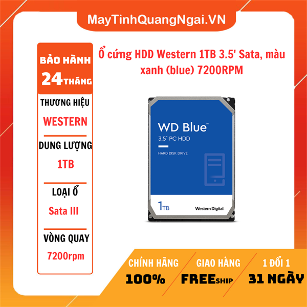 Ổ cứng HDD Western 1TB 3.5' Sata, màu xanh (blue) 7200RPM