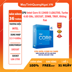 CPU Intel Core I5 13400 | LGA1700, Turbo 4.60 GHz, 10C/16T, 20MB, TRAY, Không Fan