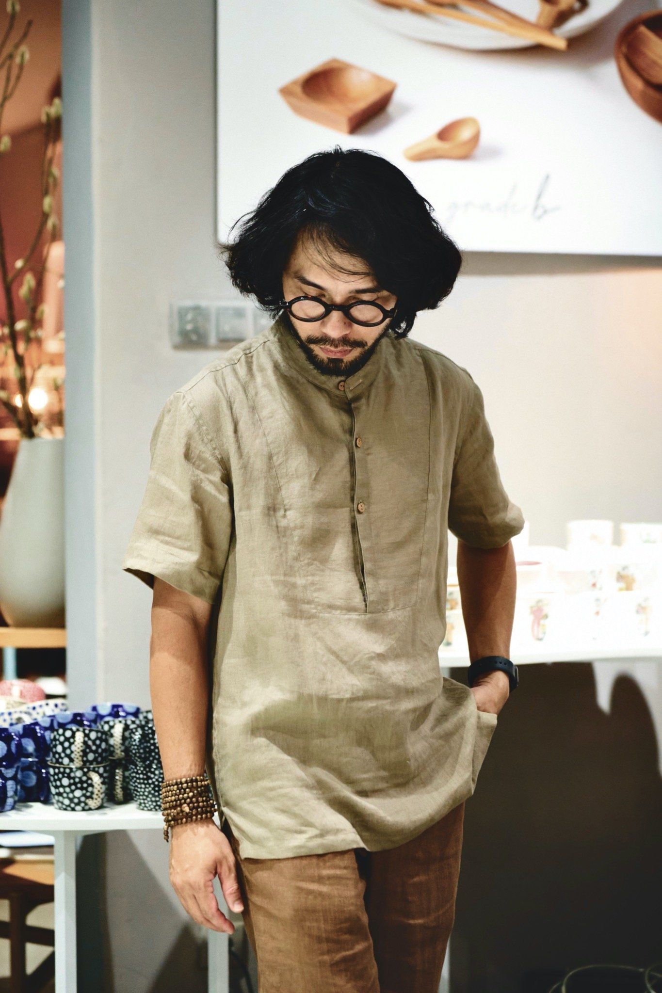 (Men) Band Collar Shirt - S006