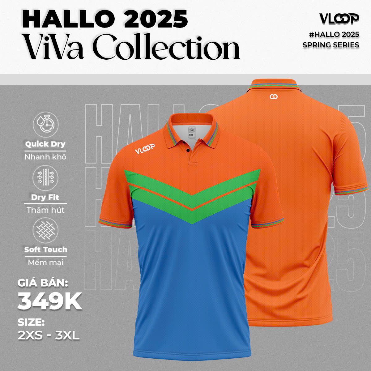 ÁO THỂ THAO VLOOP CỔ POLO MÀU CAM - XANH DƯƠNG - BST HALLO 2025 - VIVA COLLECTION