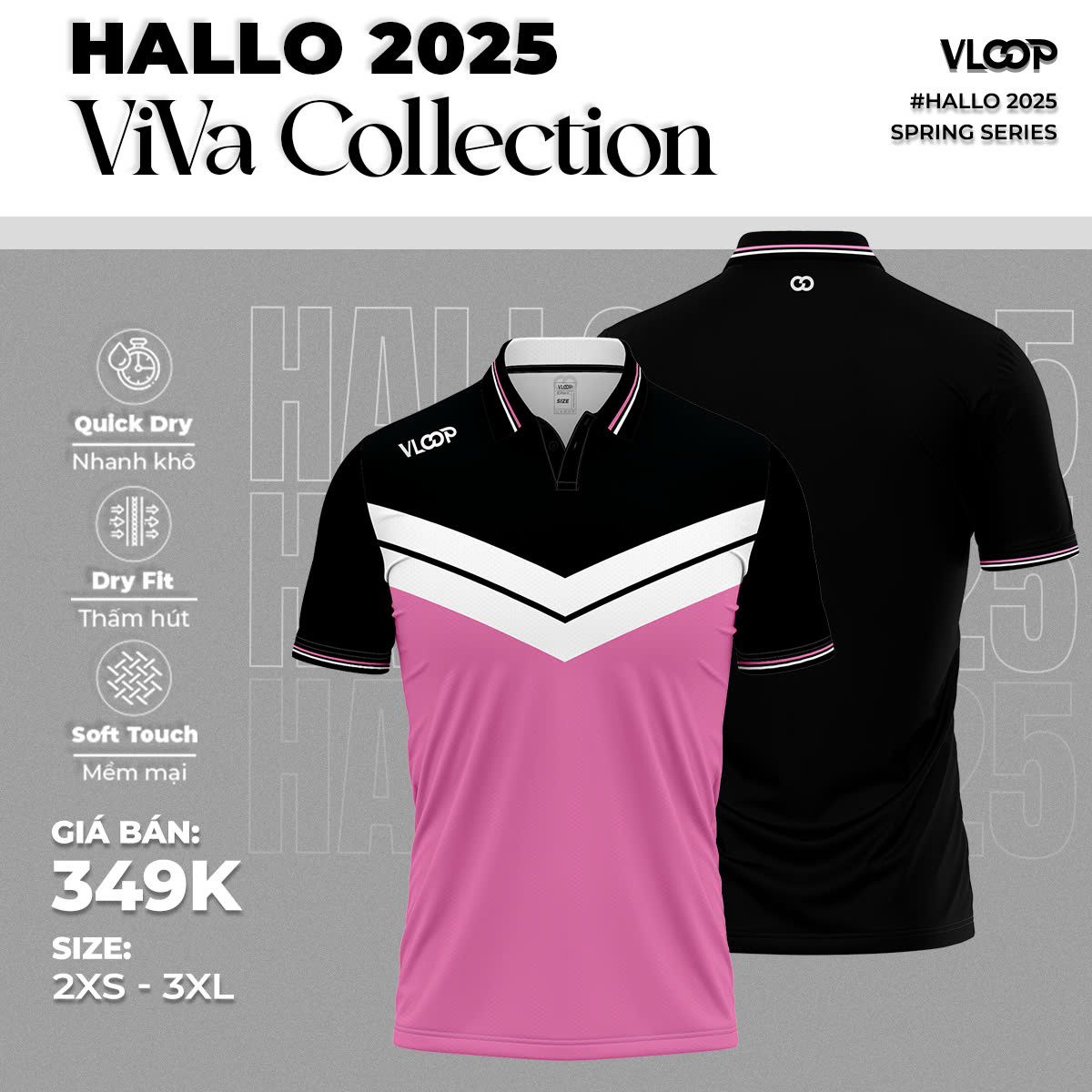 ÁO THỂ THAO VLOOP CỔ POLO MÀU HỒNG - ĐEN - BST HALLO 2025 - VIVA COLLECTION
