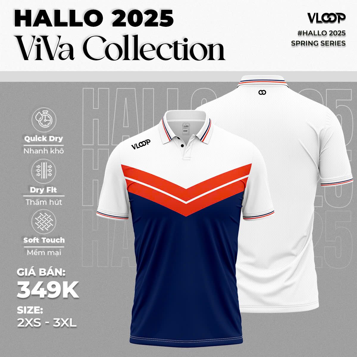 ÁO THỂ THAO VLOOP CỔ POLO MÀU TRẮNG - XANH NAVY - BST HALLO 2025 - VIVA COLLECTION