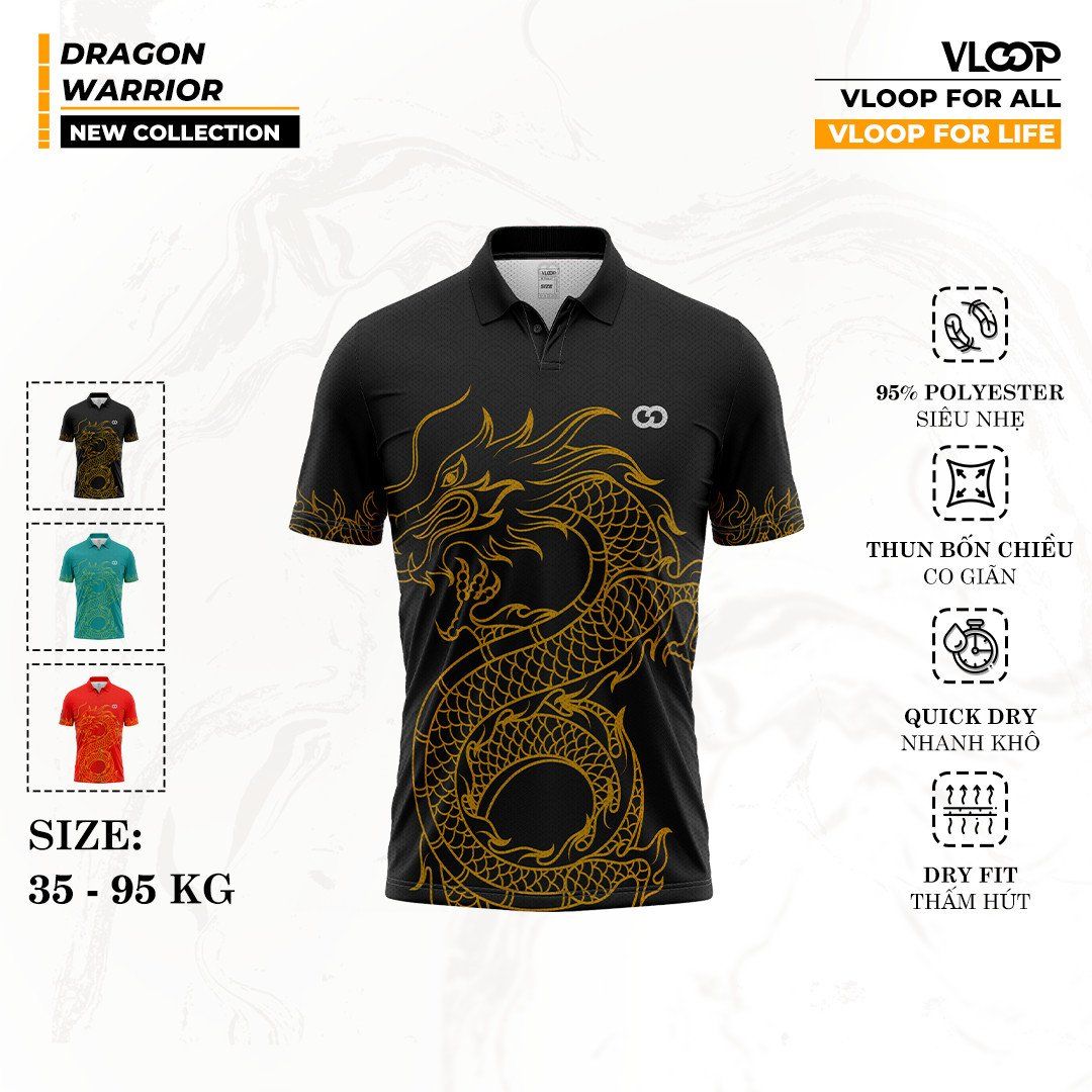 Áo Polo Thể Thao VLOOP, Áo Thun Polo Thể Thao Màu Đen - BST DRAGON WARRIOR