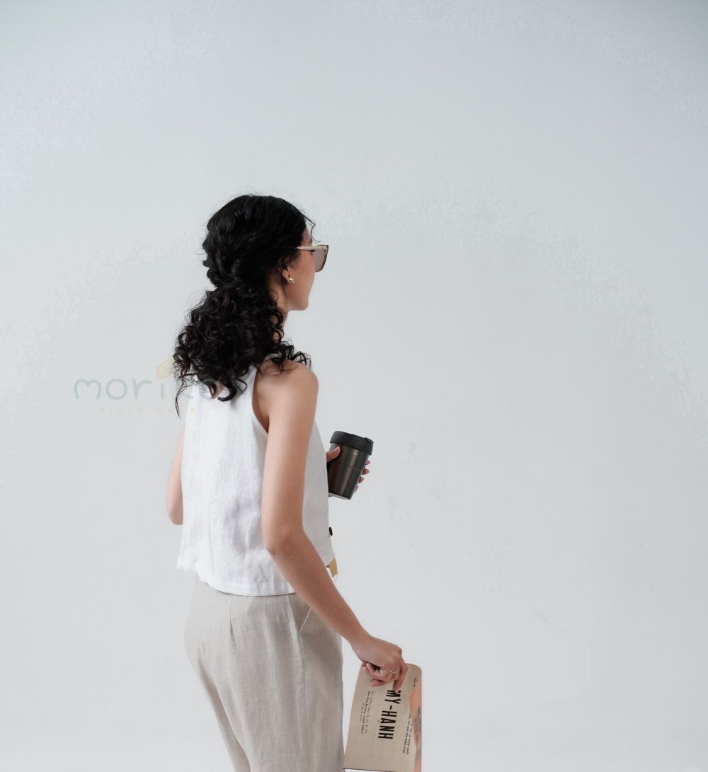 Quần Linen ống suông màu Kem