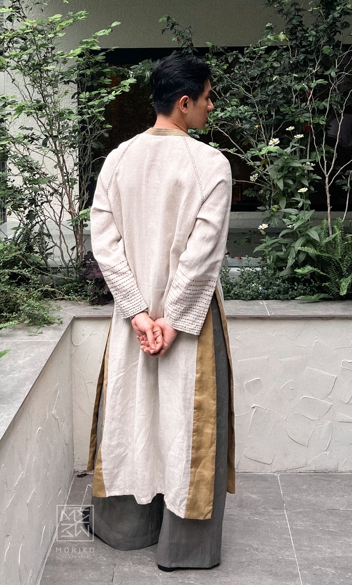 Áo Dài Nam Mori thêu Sashiko