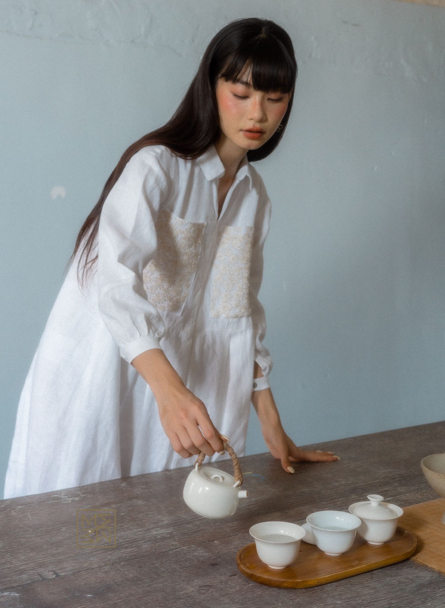 Đầm Baby Doll thêu Sashiko hình hoa.