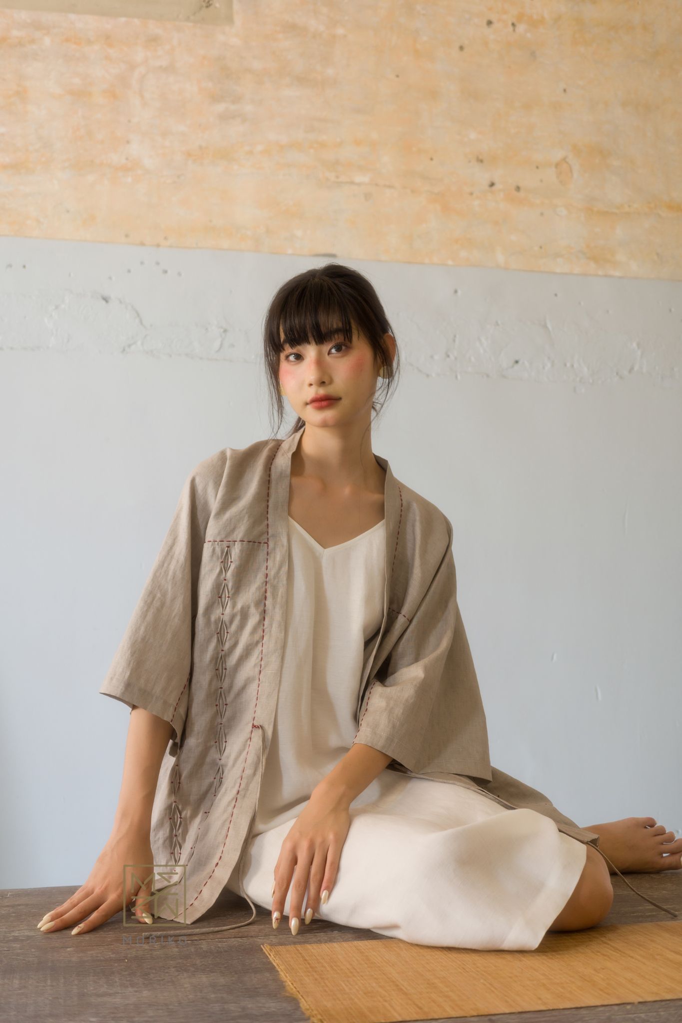 Áo Haori linen thêu smocking.