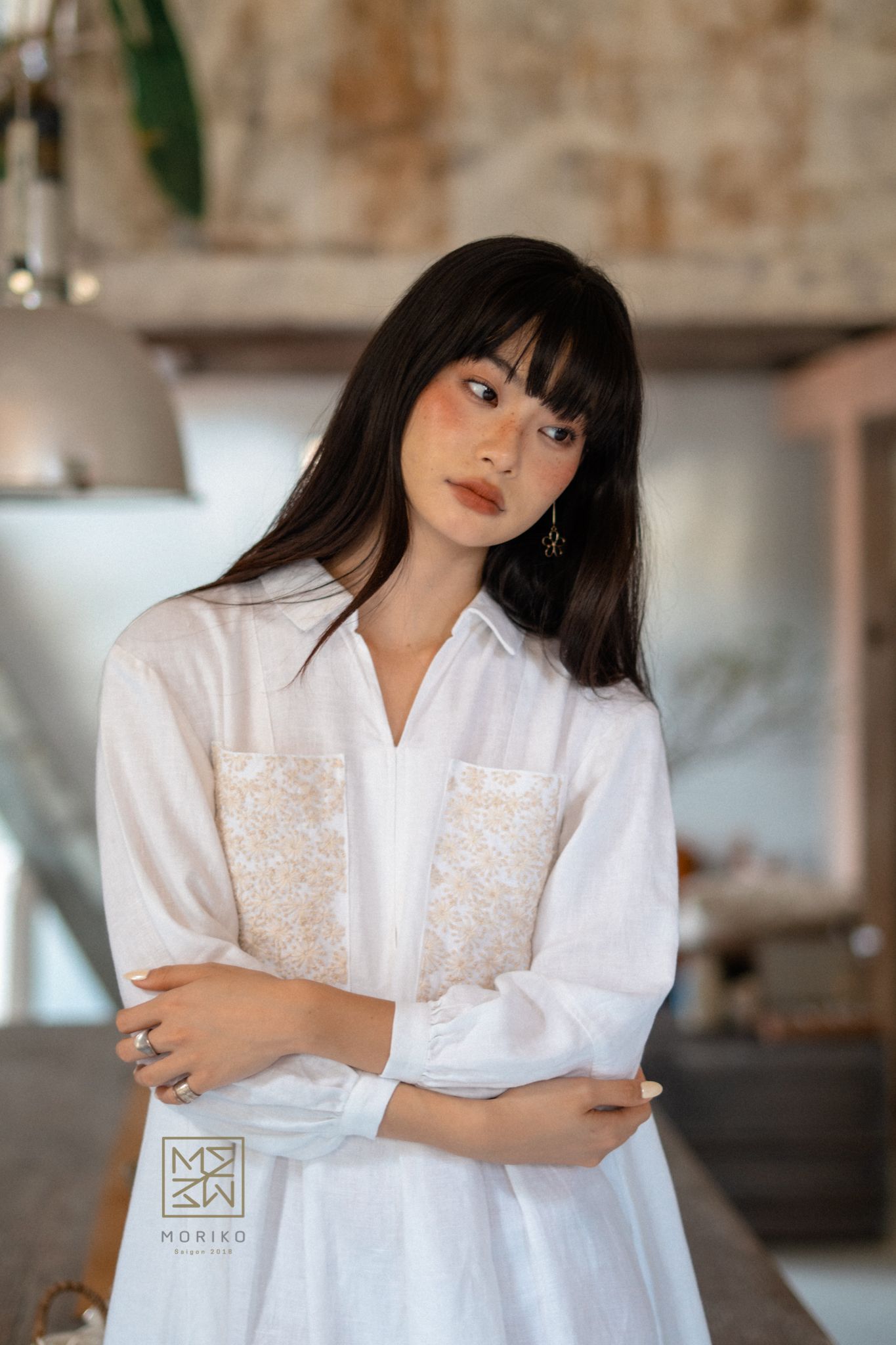 Đầm Baby Doll thêu Sashiko hình hoa.