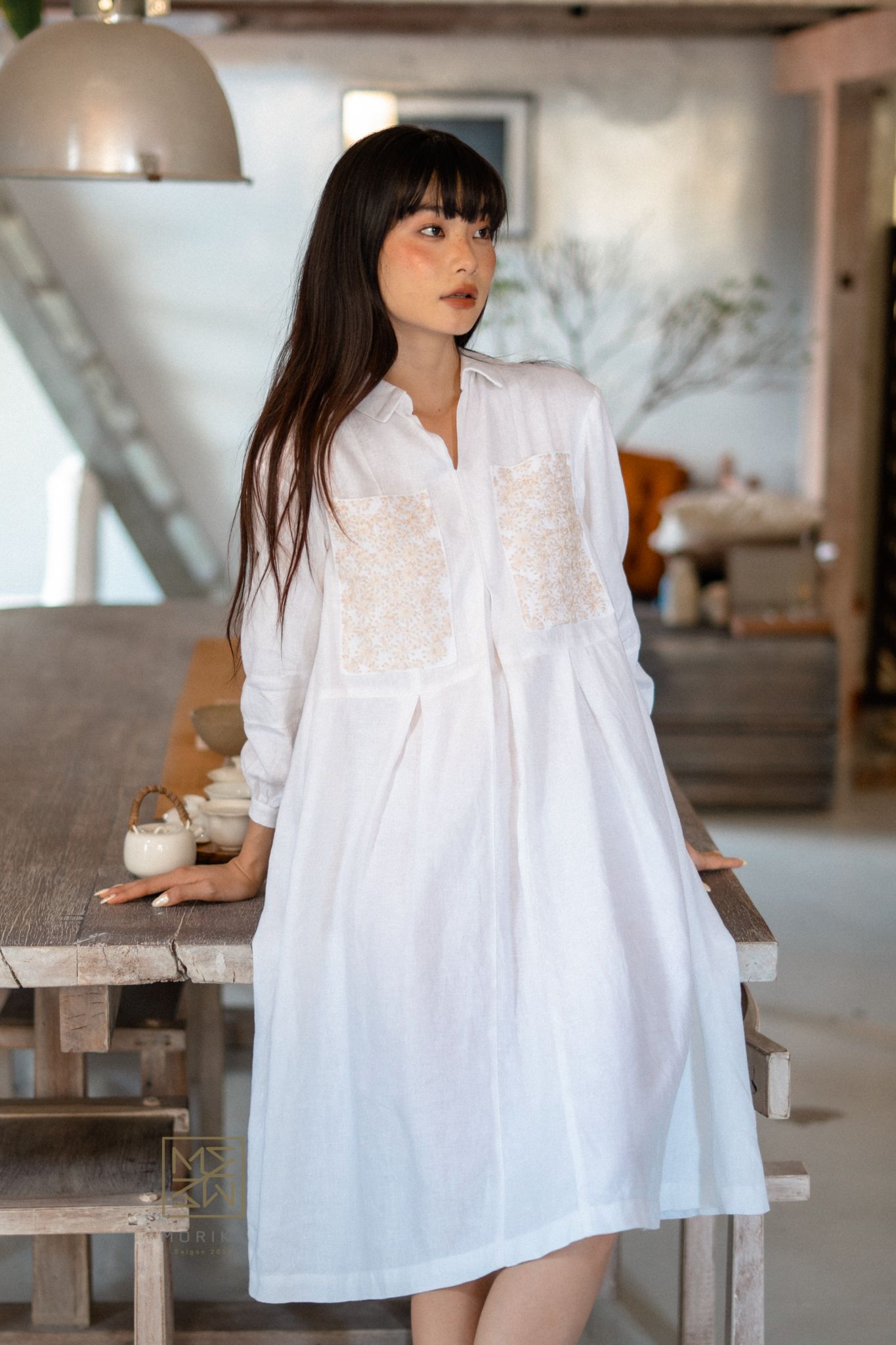 Đầm Baby Doll thêu Sashiko hình hoa.