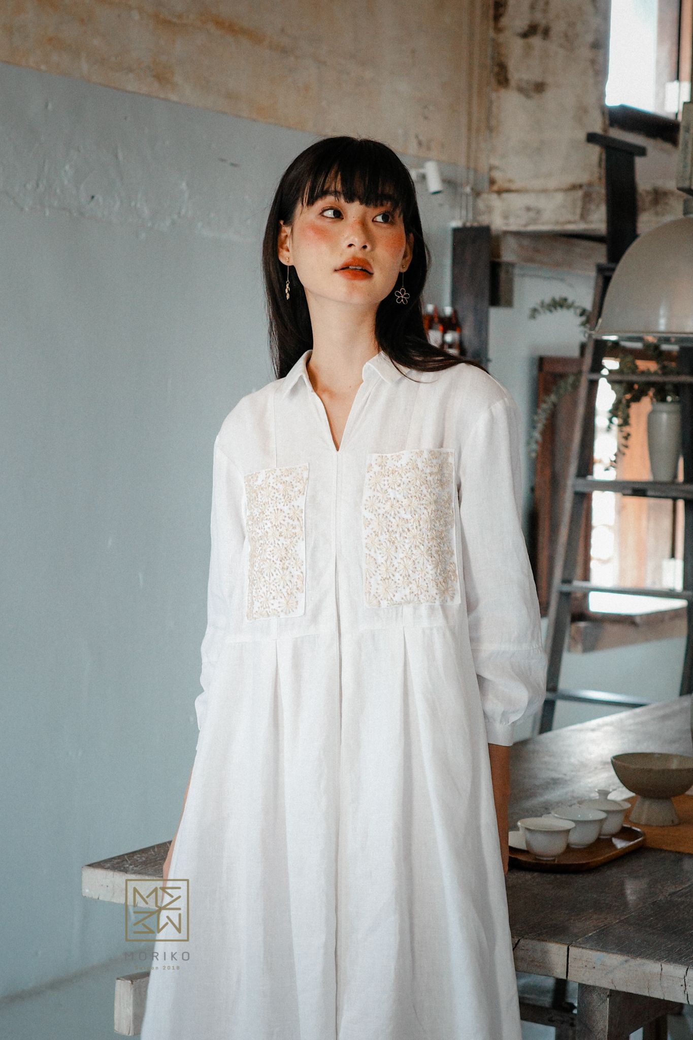 Đầm Baby Doll thêu Sashiko hình hoa.