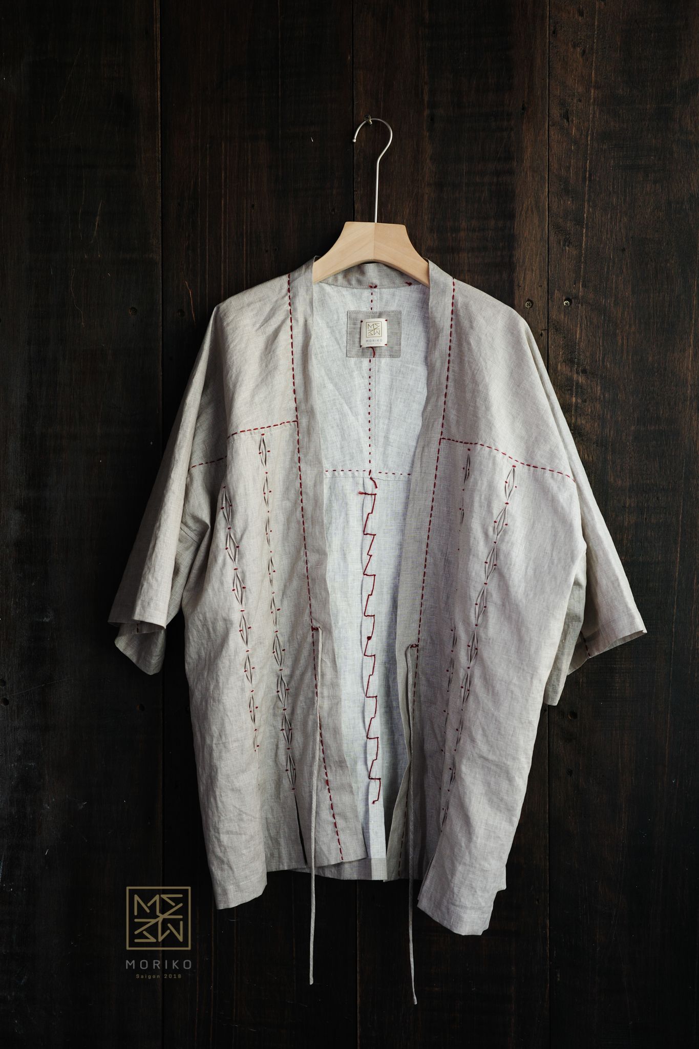 Áo Haori linen thêu smocking.