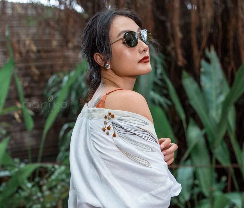 Yukata phối vải muối tiêu thêu lá
