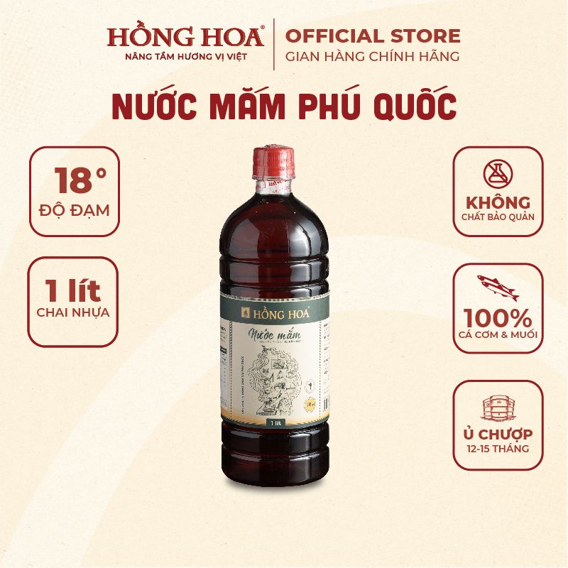 Nước Mắm Phú Quốc Hồng Hoa 18 độ đạm 1000ml, Nước Mắm Cá Cơm Truyền Thống