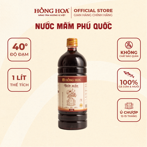  Nước Mắm Phú Quốc Hồng Hoa 40 độ đạm 1000ml chai nhựa, Nước Mắm Cá Cơm Truyền Thống 