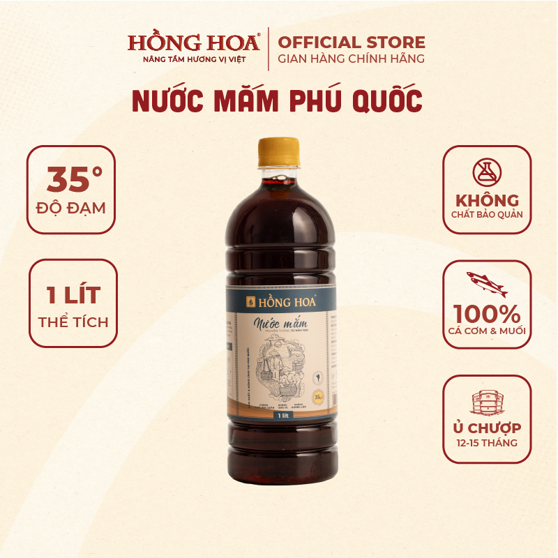 Nước Mắm Phú Quốc Hồng Hoa 35 độ đạm 1000ml chai nhựa, Nước Mắm Cá Cơm Truyền Thống