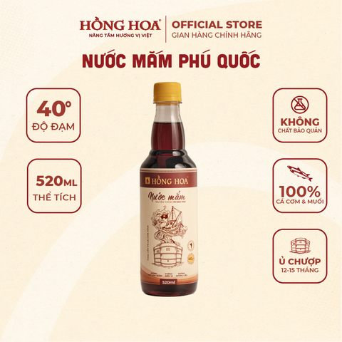  Nước Mắm Phú Quốc Hồng Hoa 40 độ đạm 520ml, Nước Mắm Nhĩ Cá Cơm Truyền Thống 