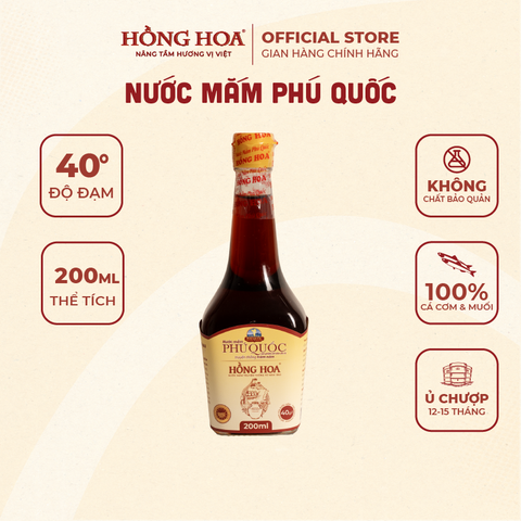  Nước Mắm Phú Quốc Hồng Hoa 40 độ đạm 200ml, Nước Mắm Nhĩ Cá Cơm Truyền Thống 