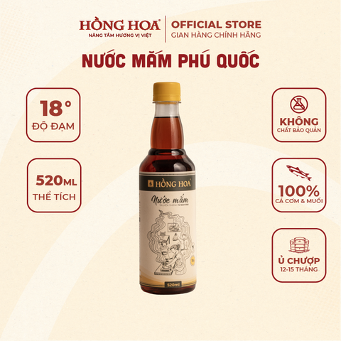  Nước Mắm Phú Quốc Hồng Hoa 18 độ đạm 520ml, Nước Mắm Cá Cơm Truyền Thống 