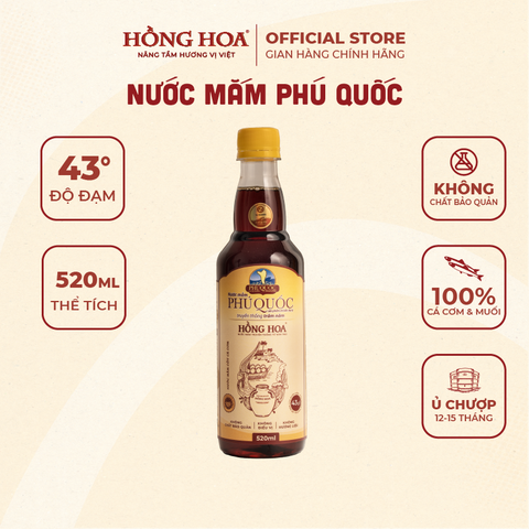  Nước Mắm Phú Quốc Hồng Hoa 43 độ đạm 520ml, Nước Mắm Nhĩ Cá Cơm Truyền Thống 