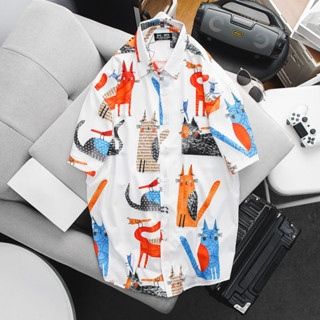 Áo sơ mi tay ngắn họa tiết mèo unisex bigsize nam cỡ đại (mẫu 4)