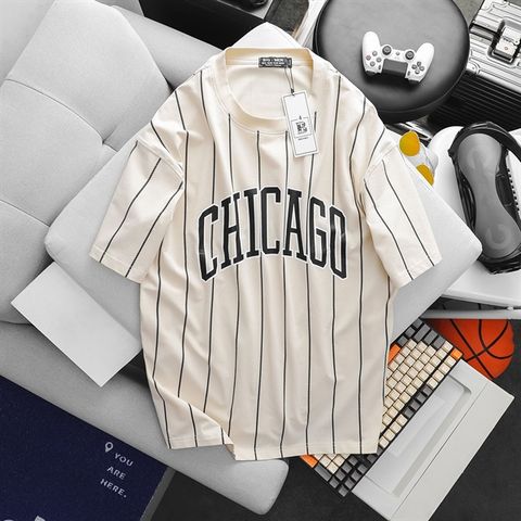 Áo thun cotton sọc dọc phối chữ thời trang bigsize Chicago (Mẫu 24)