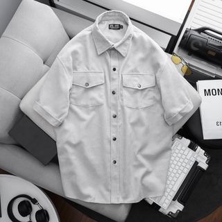 Áo sơ mi tay ngắn unisex phối túi vải nhung tăm thời trang(Mẫu 2)