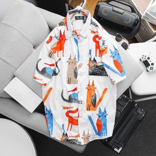 Áo sơ mi tay ngắn họa tiết mèo unisex bigsize nam cỡ đại (mẫu 4)