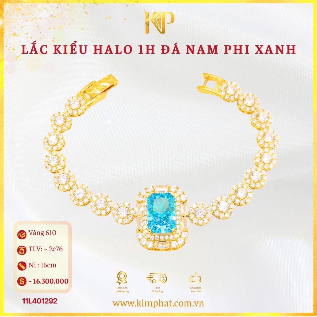 Lắc Đá Nam Phi Xanh Vuông Đai Halo Vàng 610 KIM PHÁT